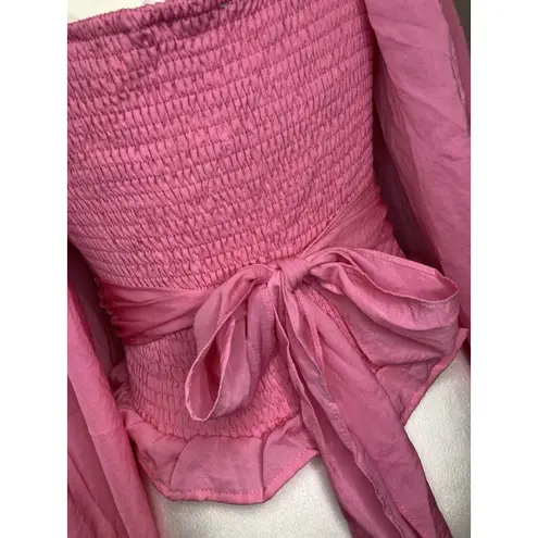 Prómesa Promesa Womens Blouse M Pink Boutique Cropped Tie Back Smocked Balloon Sleeve