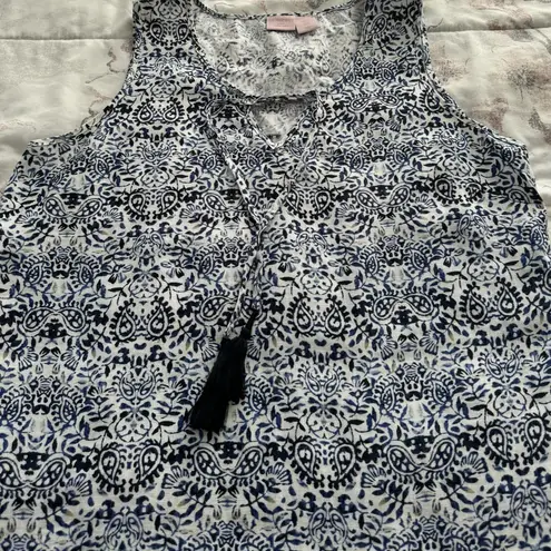 St. Tropez West 100% linen parsley print navy blue white dress, size M boho