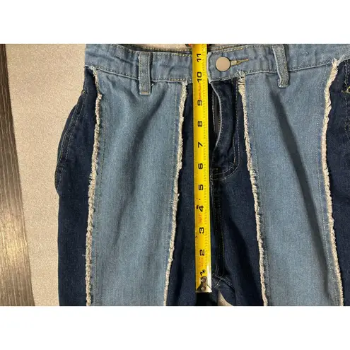 None Colorblock Raw Hem Wide Leg Flare Jeans No Size Y2K Denim Festival Boho Rocker