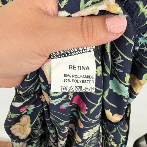 BETINA Floral Print Maxi Dress Deep V Neck Smocked Waist Tie Back Navy Black