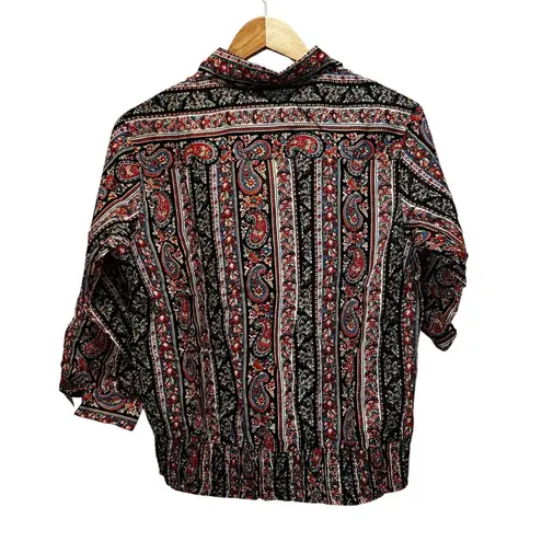 COTTON DAISY Paisley Print Blouse Top Sz L Elastic Waist Buttons Multicolor NEW Black Size L