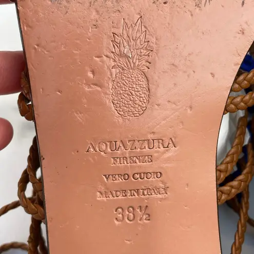 Aquazzura women’s braided blue suede ankle-tie flat sandal size IT 38.5 US 8.5