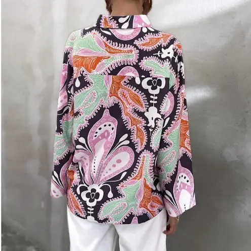 ZARA  Top and Pant Set XS Printed Linen Spain Groovy 70s 60s Boho Colorful Unique