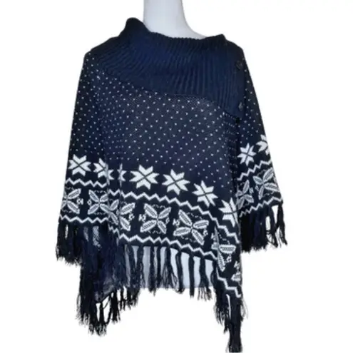 89th & Madison New York Black & White Fringe Detail Knit Poncho Medium