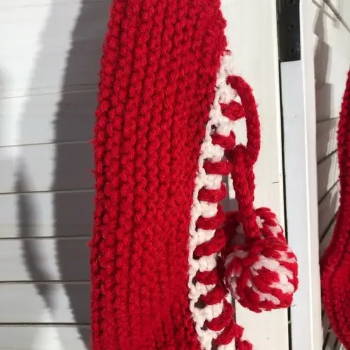Vintage 70s Hand Knit Wool Socks Red White Pompoms Adult OS Size undefined