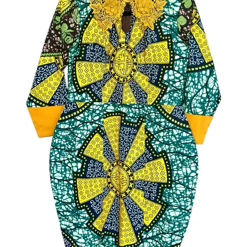 Handmade Colorful African Print Geometric Dress with Yellow Details