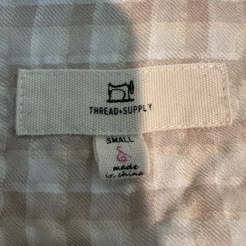 Thread and Supply  Womens Seersucker Top small Tan White Gingham Collared Popover