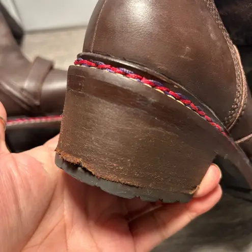 Pollini Brown Leather Motorcycle Boots Square Toe Buckle Side Zip EU38 US 7.5