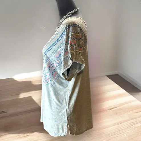 Democracy Gray V-Neck Peasant Boho Cowgirl Top Aztec Southwestern Print Sz Large