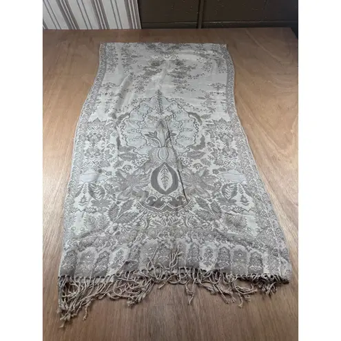 None Tan Beige Jacquard Floral Scarf Wrap Shawl Fringe 74x21 Neutral Elegant