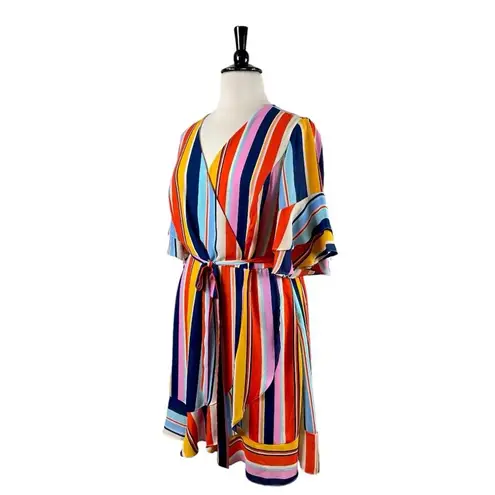 City Chic Wrap Dress Ruffle Sleeve Belted Pink Multi Stripe Women’s Plus Size 24