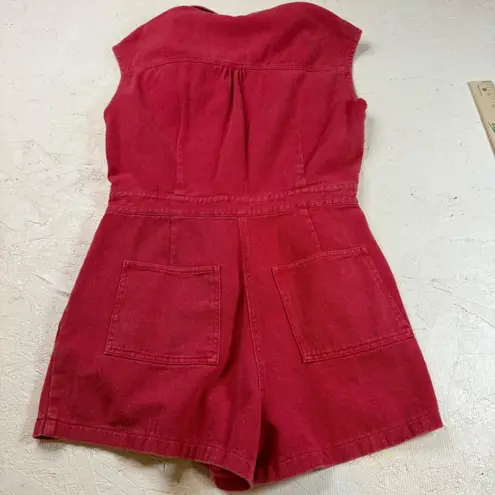 Day Moon Red Denim Romper Small Button Front Sleeveless Pockets Casual