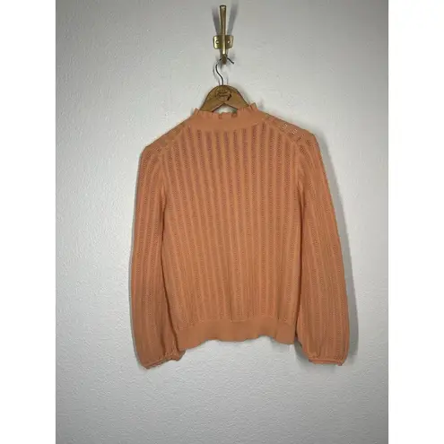 J.Crew  Womens Pointelle Ruffle Mock Neck Sweater Top Large Melon Orange Sheer