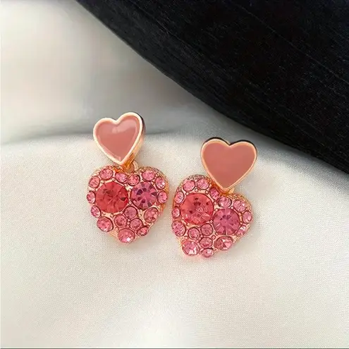 Pink Double Heart Crystal Earrings Enamel Top Heart Sparkling Drops NWT