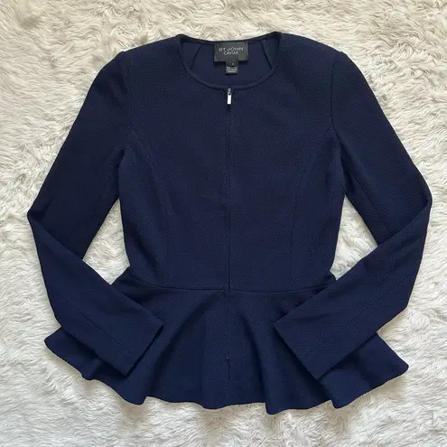 St. John Caviar Jacket Full Zip Up Peplum Wool Blend Long Sleeve Navy Sz 2
