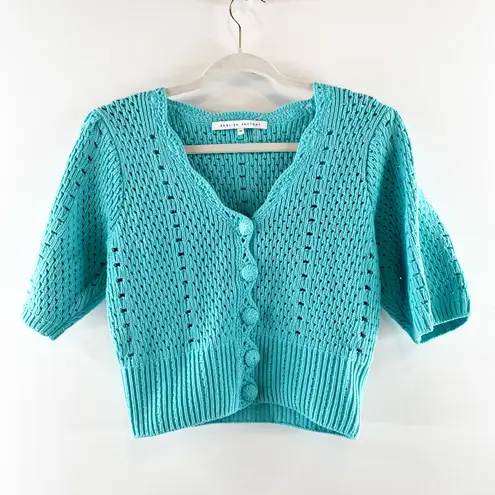 English Factory Puff Sleeve V-Neck Crop Knit Cardigan Sweater Turquoise Medium