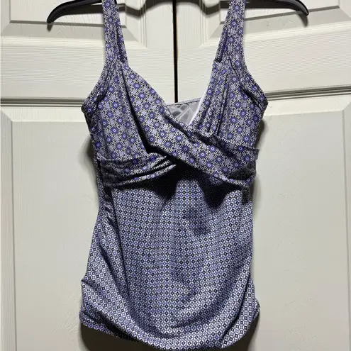 women's Lands' End blue & black surplice tankini top UP 50 size 10 D Bra pads
