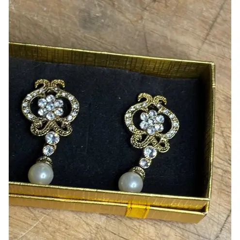 Gold Tone Crystal Pearl Dangle Earrings