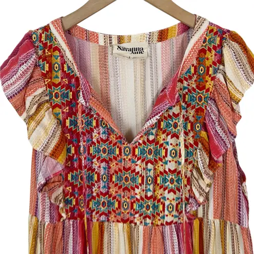 Savanna Jane Daria Aztec Embroidered Colorful Striped Woven Top Size Large Pink