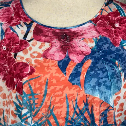 Allison Daley Large Top Floral Stretch Embellished Short Sleeve Round Neck Multi