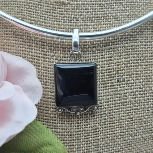 None Tube Choker Collar Necklace 925 Sterling Silver & 2 Pendants Square Black Heart