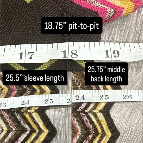 M Missoni Brown Pink Yellow Green Metallic Chevron Knit ZigZag Cardigan Size 12