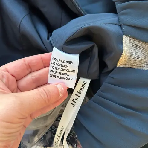 JJ's House JJ’s House Dark Navy Evening Gown Size 8 Beaded Sleeve Floor Length Formal Dress