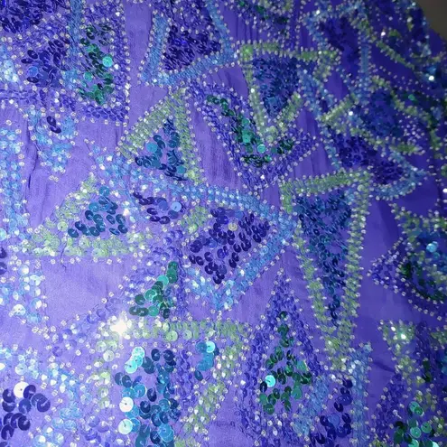 Vintage Styleworks Sequined Silk & Polyester Top Short Sleeve Blue & Green Women Size L