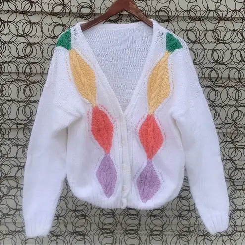 Vintage pastel knit argyle granny cardigan sweater White Size L