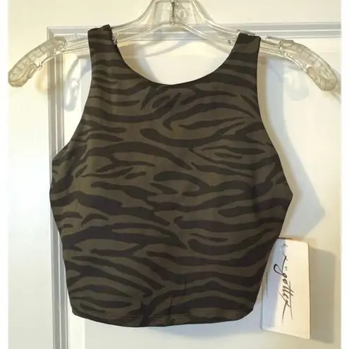Gottex Studio Y Back Sports Bra Crop Top Olive Green & Black Zebra Small