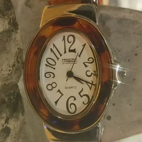 Watch Cuff Prestige Waltham Quartz Vintage Tortoiseshell Stainless Steel Back Silver