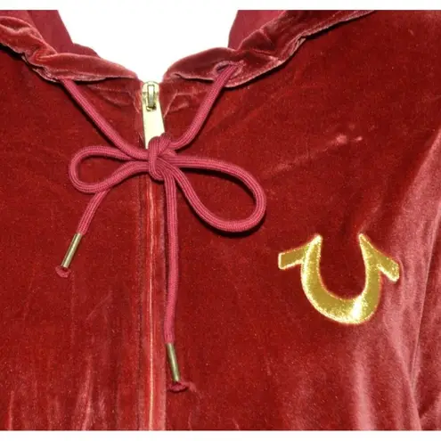 True Religion Ladies Burgundy Red Velvet Zip Up Hoodie Size XL Logo Casual Warm