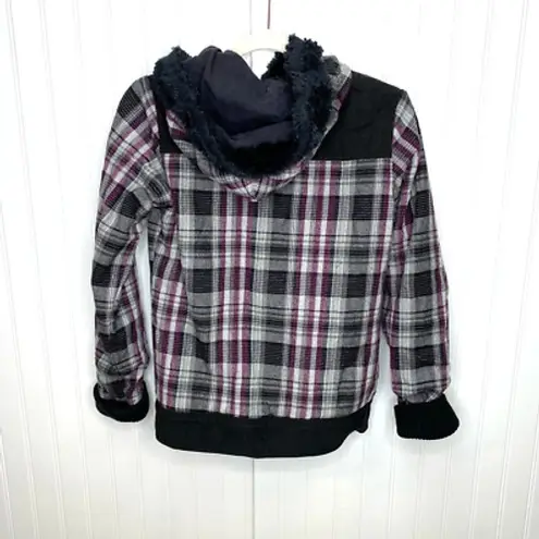 Fox Racing Girls Coat Small Plaid Button Front Faux Fur Lined Hood Pockets Gray