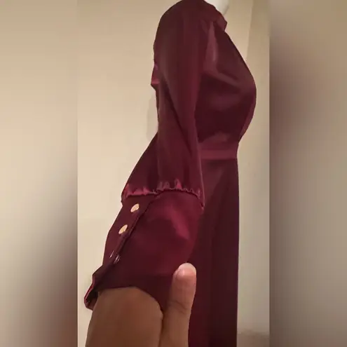 Chicwish Deep Satin Burgundy Long Sleeve 3 Gold Long Button Dress Sleeves Sz XS