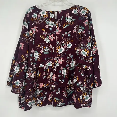 Time And Tru  Boho Floral Baby Doll Top Purple Tiered Long Bell Sleeves Sz XXXL 22