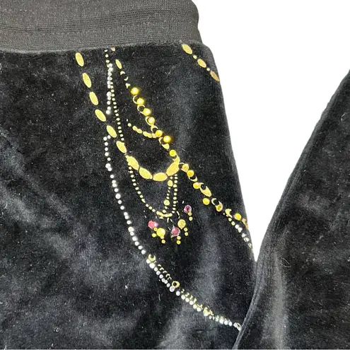 BCBGMAXAZRIA BCBG Velour Flare Black Track Pants with Gold and Rhinestone Details Size Medium