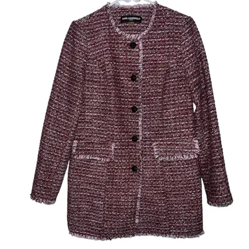 Karl Lagerfeld Paris Long Tweed Single Breasted Frayed Jacket Red Women Size 6