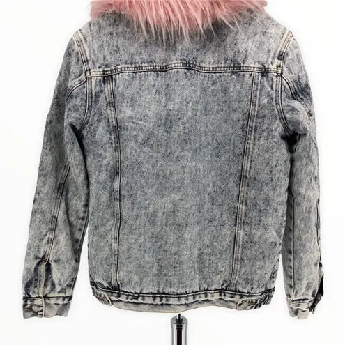 Juicy Couture  Black Label Pink Fur Collar Acid Wash Denim Sherpa Lined Jacket