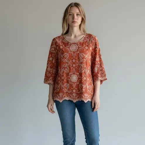 Solitaire Orange Cream Embroidered Boho Floral Top Small