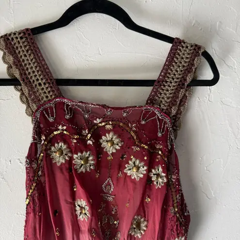 Handmade Sequin Beaded Festival Top Crochet Trim Sleeveless Tie Back Blouse Red