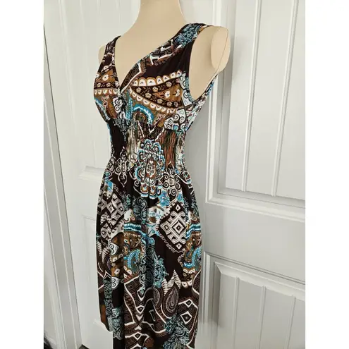 Raya Sun Medallion Boho Surplice Dress Sz M Smocked Elastic Waist Size M