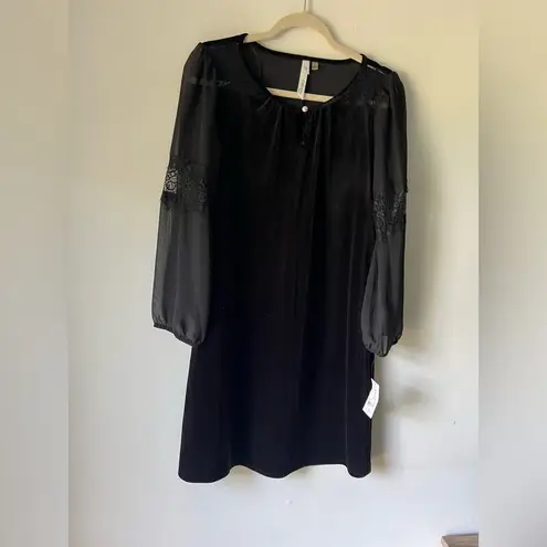 Ny Collection Petite Medium Black Velvet Shift Dress Sheer Lace Sleeve NWT