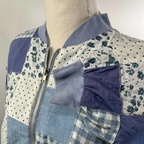 Patchwork Bomber Jacket by Tangibles Blue Cotton Florals Gingham Size M