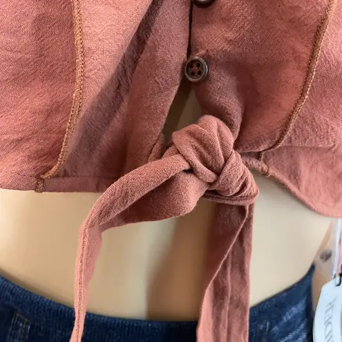 Cider NWT Ruffle Button Up Knotted Cropped Tank Top Brown Size Small
