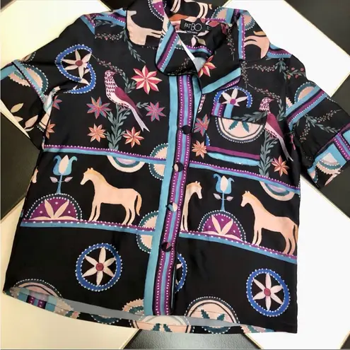 Patbo Satin Cordel Print Scarf Pattern Short Sleeve Button Down Peacocks Multi S