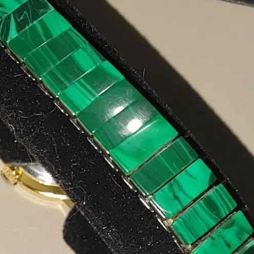 Michelle Louise Wristwatch Malachite Vintage Style Roman Numeral Gold Tone Bezel Green