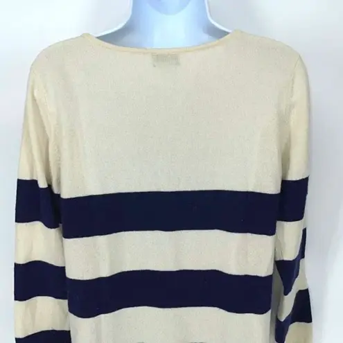 Two Bees Cashmere Womens Stripe Crew Neck Long Sleeve Sweater Cream Blue Medium