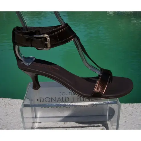Donald Pliner Expresso Metallic Leather Shoe New Wide Ankle Strap Thong $325 NIB Brown Size 5