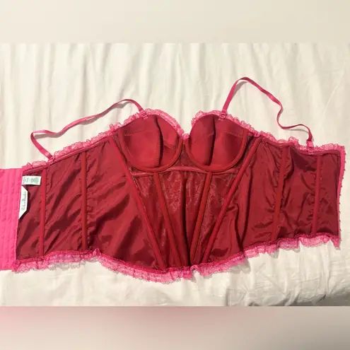 Red Satin Corset Heart Top with Pink Lace Trim Size L