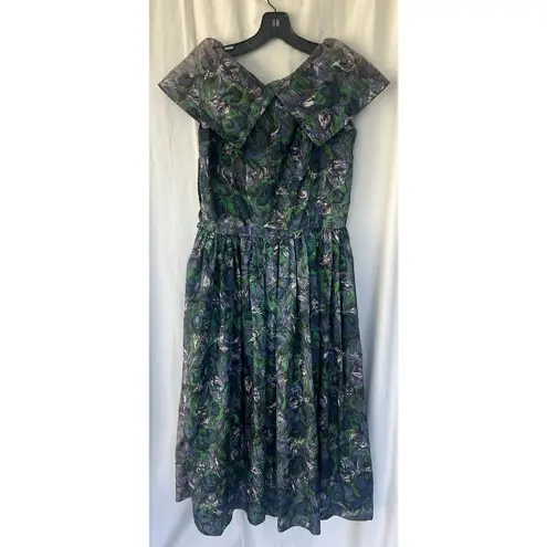 Vintage 80s Alice Of California Junior Midi Dress Peacock Feather Abstract Art Purple